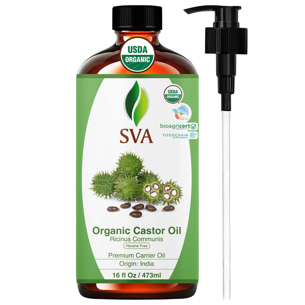 SVA ORGANICS castor oil bottle with pump for easy, mess-free application.