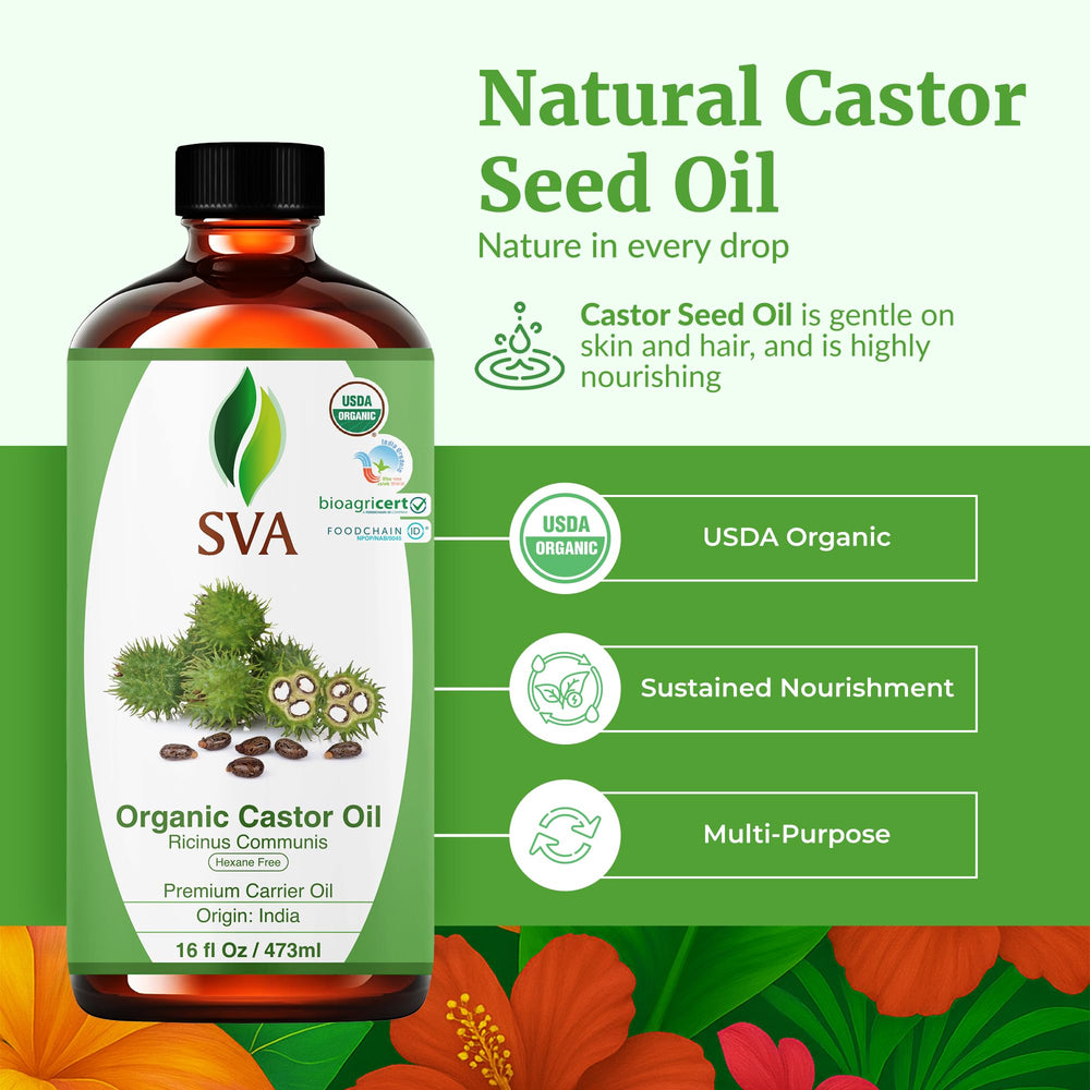 SVA ORGANICS castor oil for hair care, nourishing and shiny strands.
