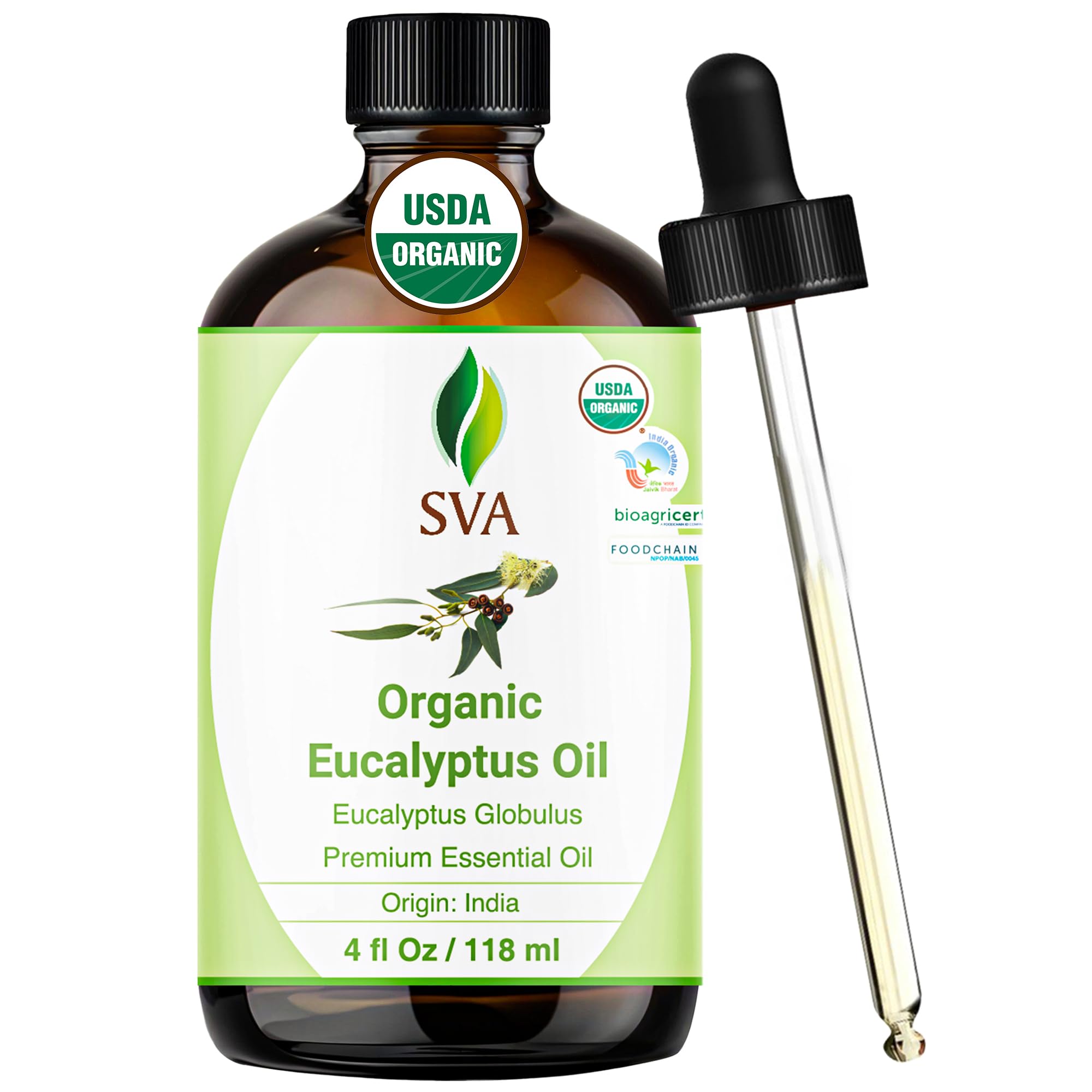 SVA Organics eucalyptus oil bottle with dropper for easy application