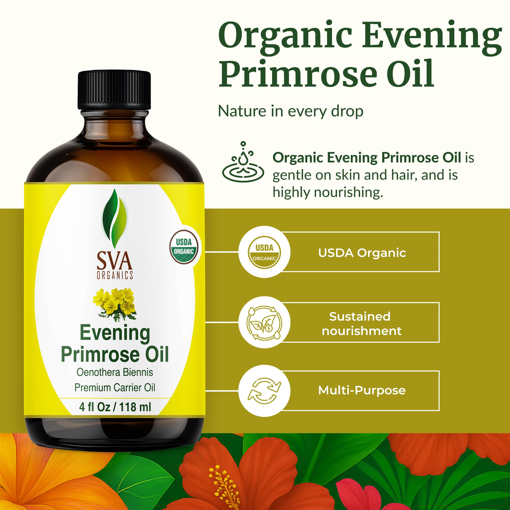 SVA Organics Evening Primrose Oil dropper for precise, easy application
