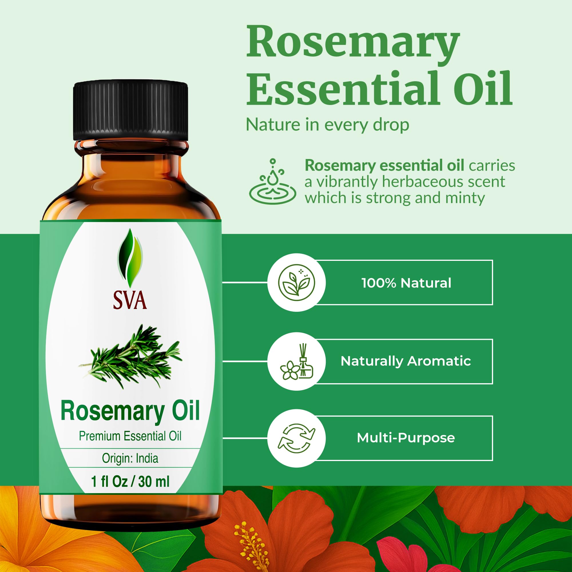 Close-up of SVA Rosemary Oil dropper releasing potent drops for blends.