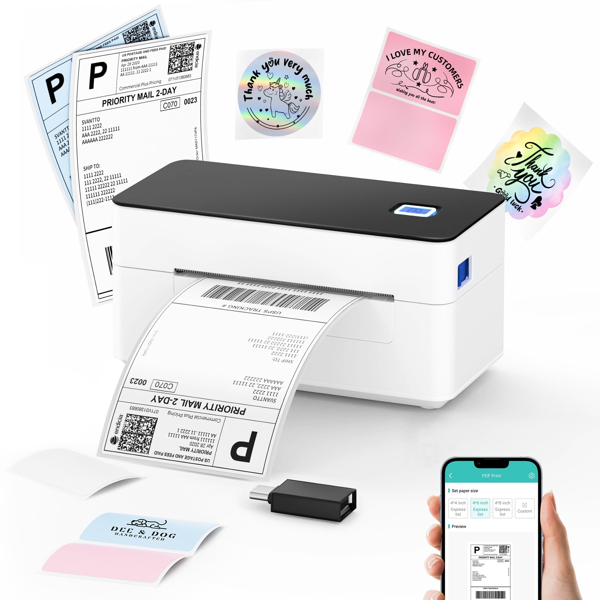 SVANTTO Bluetooth shipping label printer ready for wireless, instant label printing.