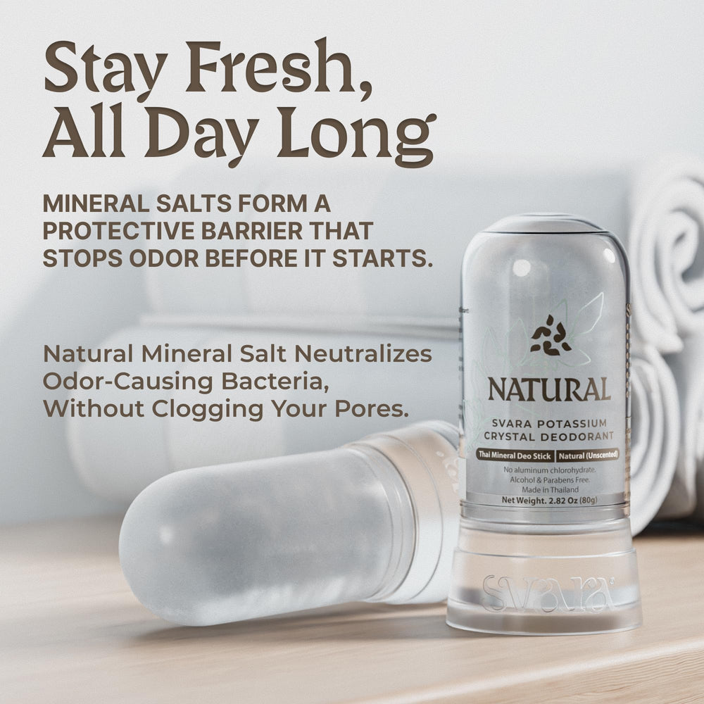 SVARA unscented crystal deodorant highlighting fragrance-free daily use