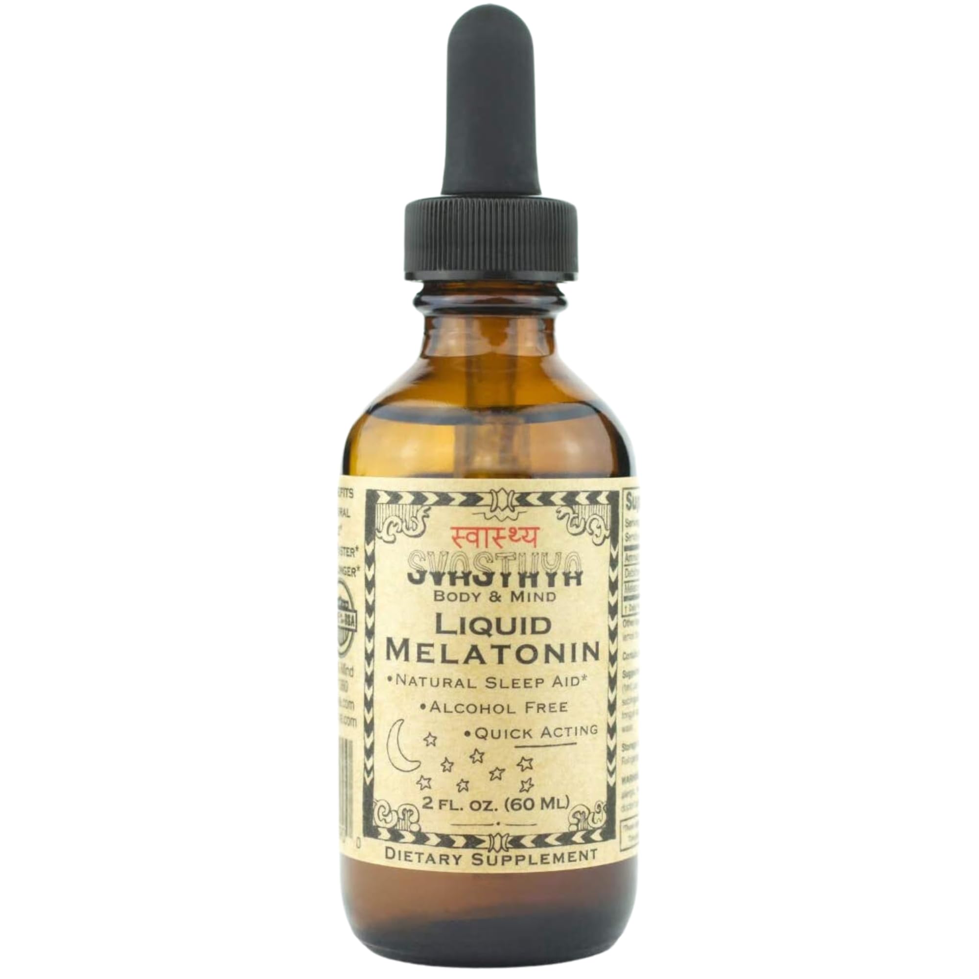 Svasthya Melatonin Liquid bottle pour showing alcohol-free sleep support