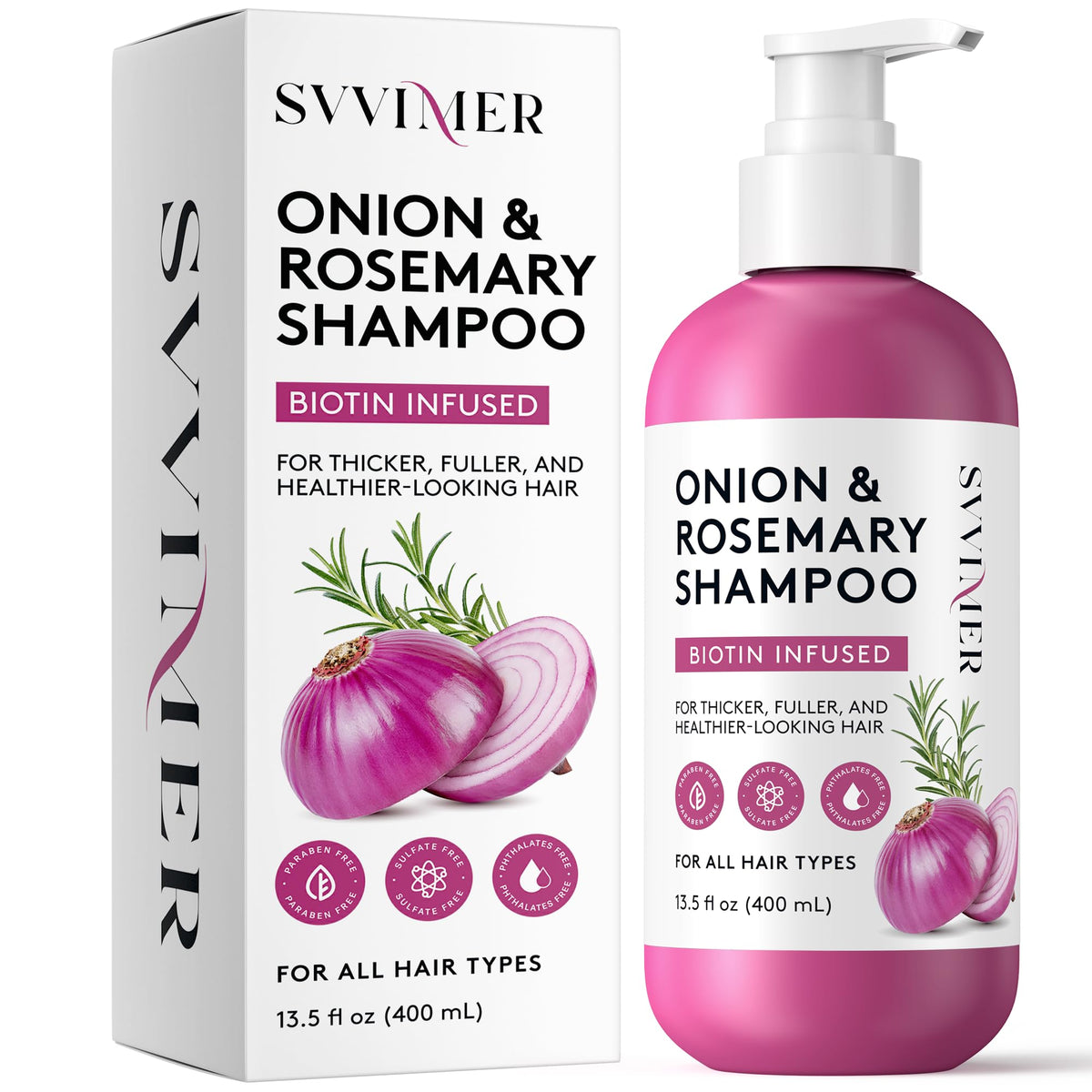 Svvimer Onion Rosemary Biotin Shampoo bottle highlights volumizing formula for fuller-looking hair