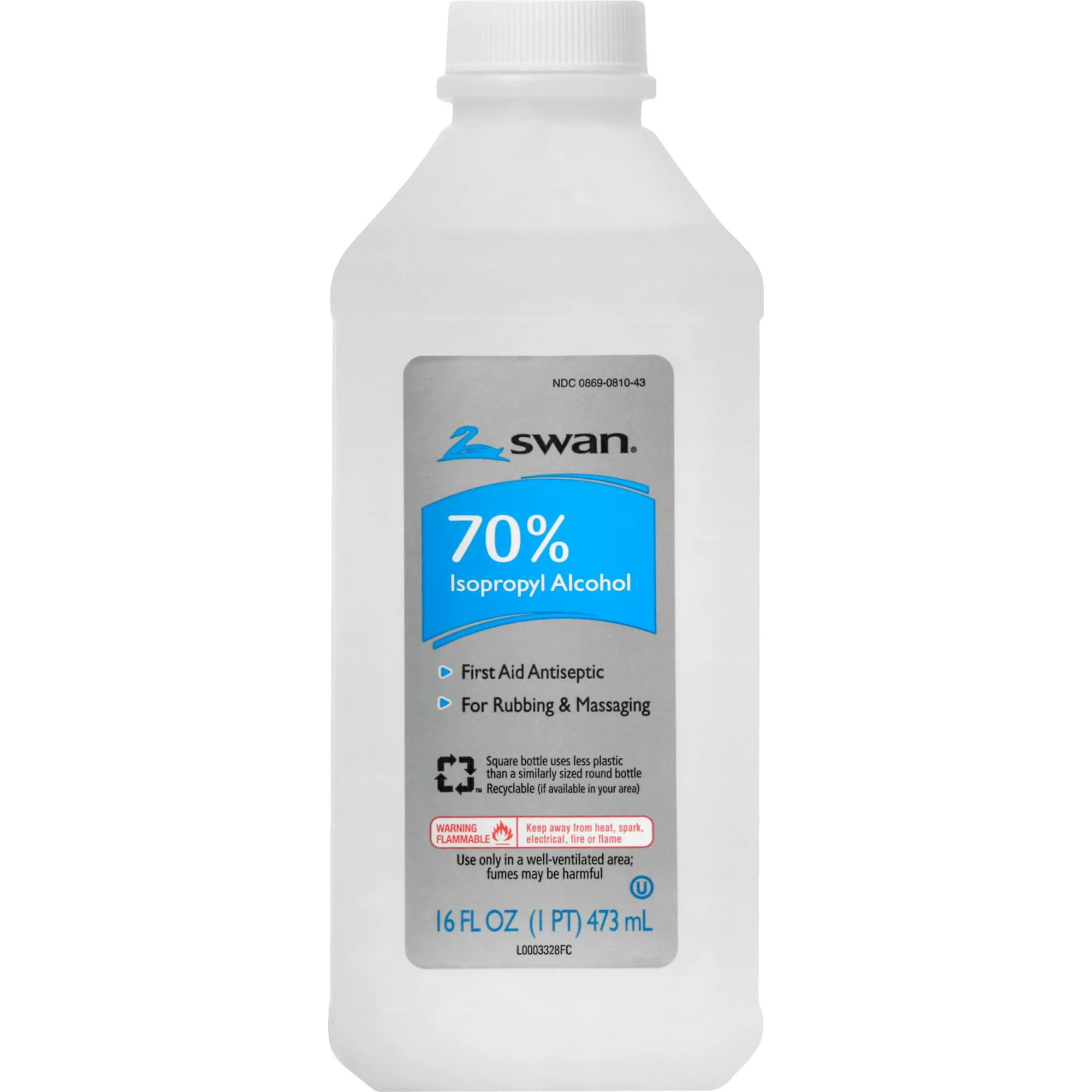Swan 70% Isopropyl bottle label close-up with safety seal