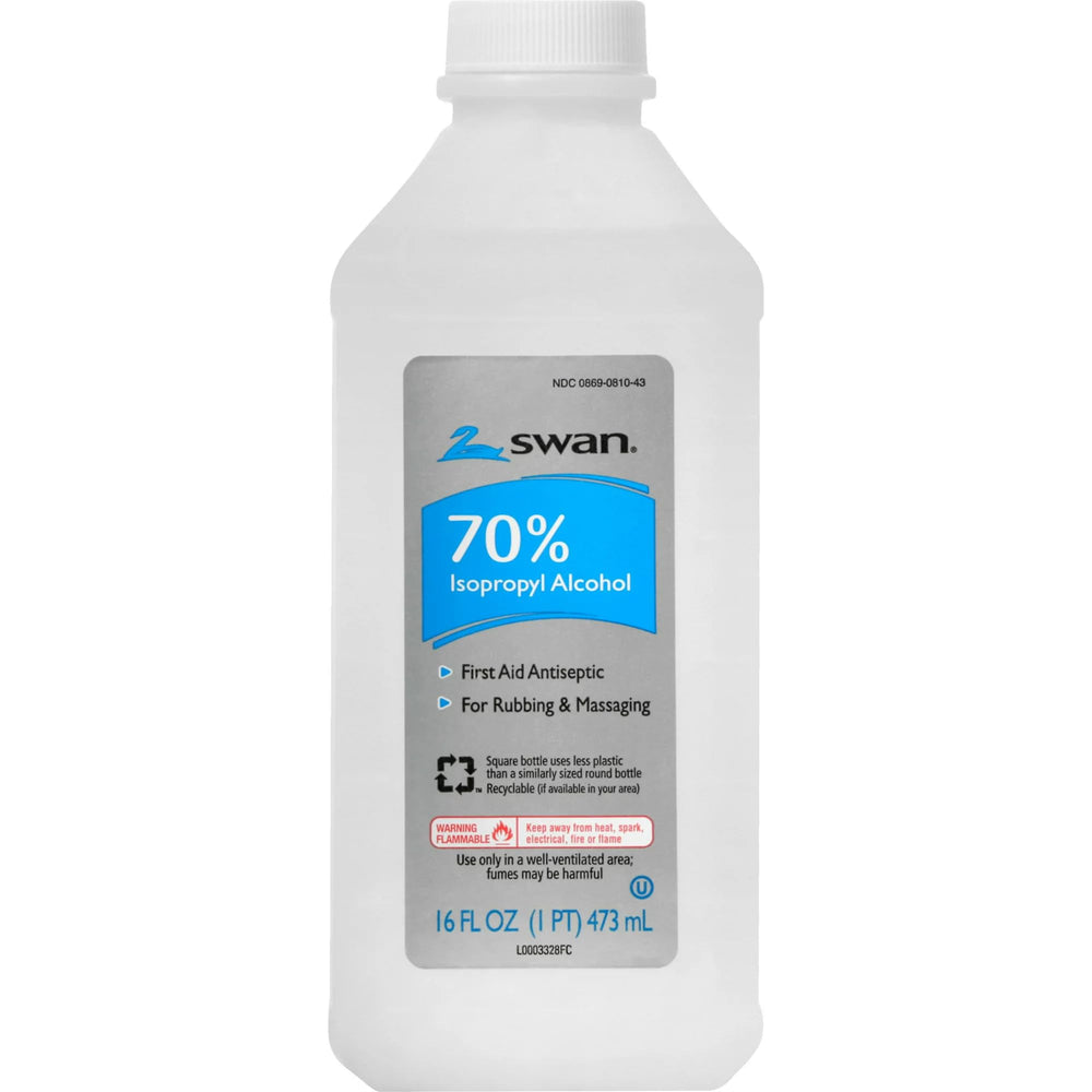 Swan 70% Isopropyl bottle label close-up with safety seal