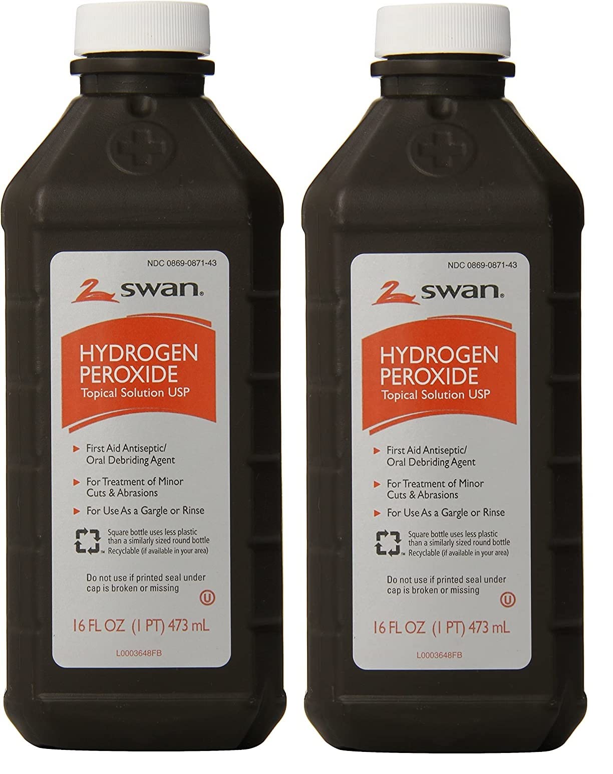 Swan hydrogen peroxide bottle 16 oz for minor cuts and first aid.