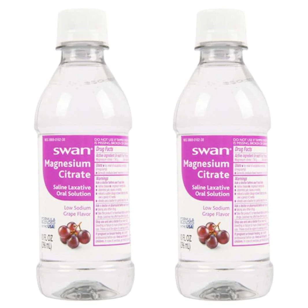 Swan Magnesium Citrate Laxitive Solution bottle in grape flavor for occasional relief and easy dosing