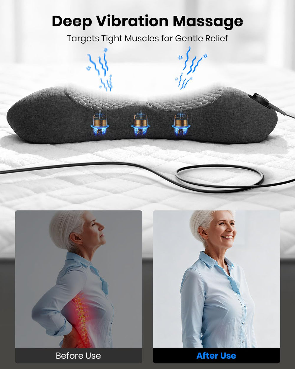 Swancode massager placed on bed for convenient home relief