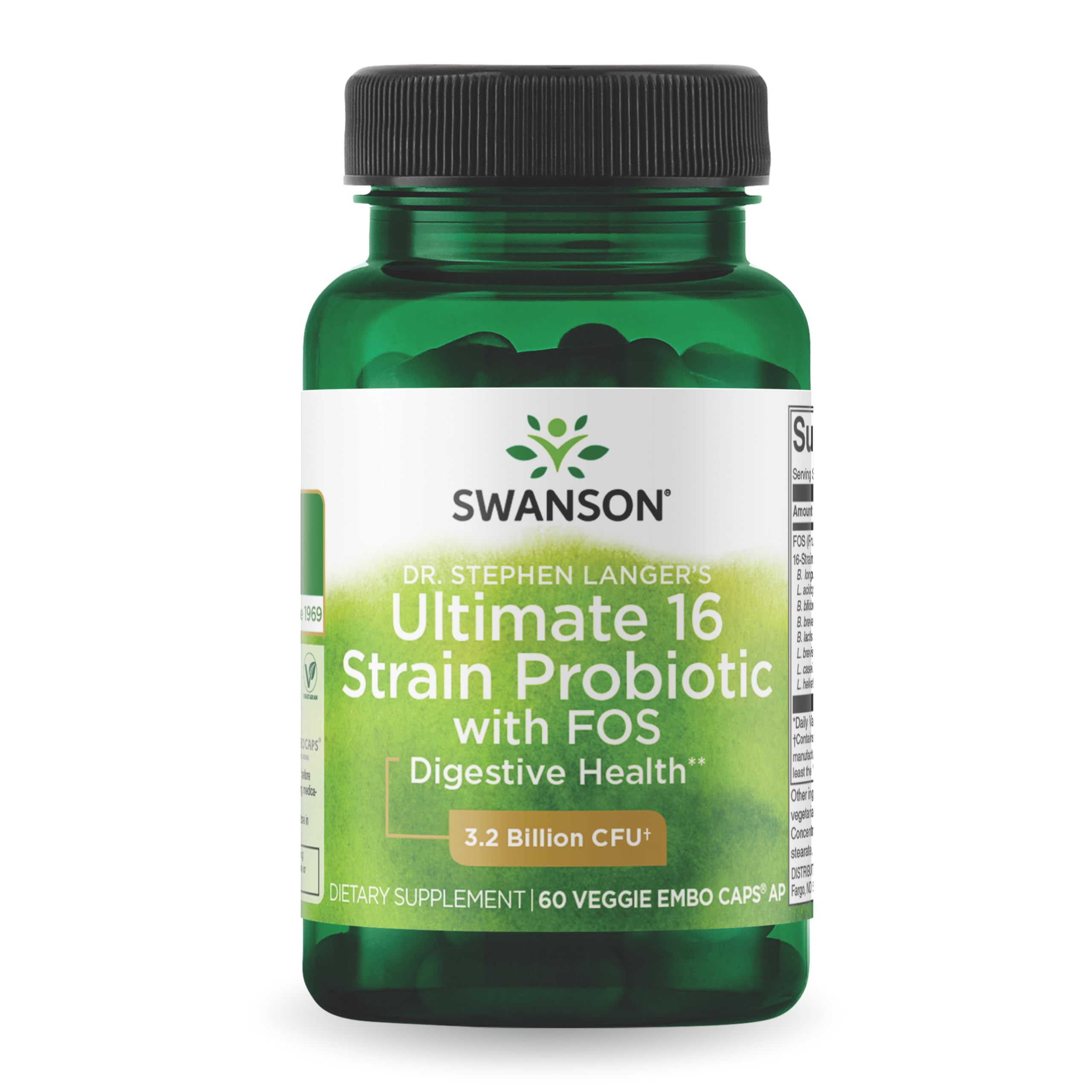Swanson 16-Strain Probiotic bottle front for daily digestive balance.
