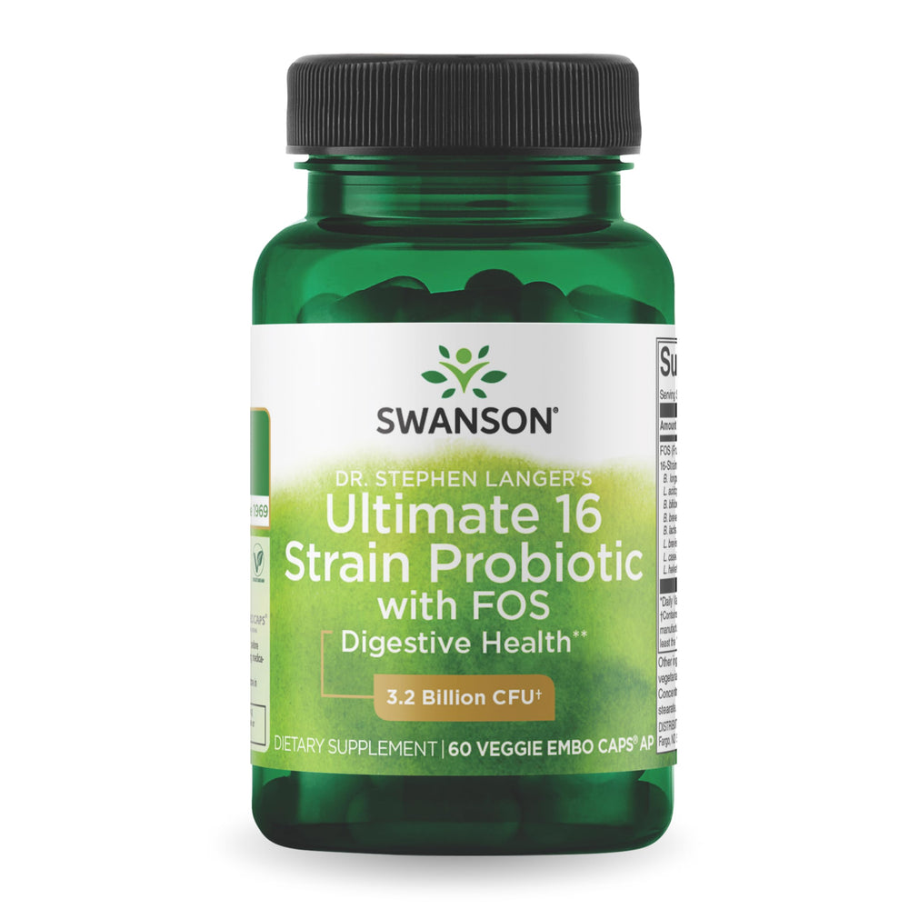Swanson 16-Strain Probiotic bottle front for daily digestive balance.