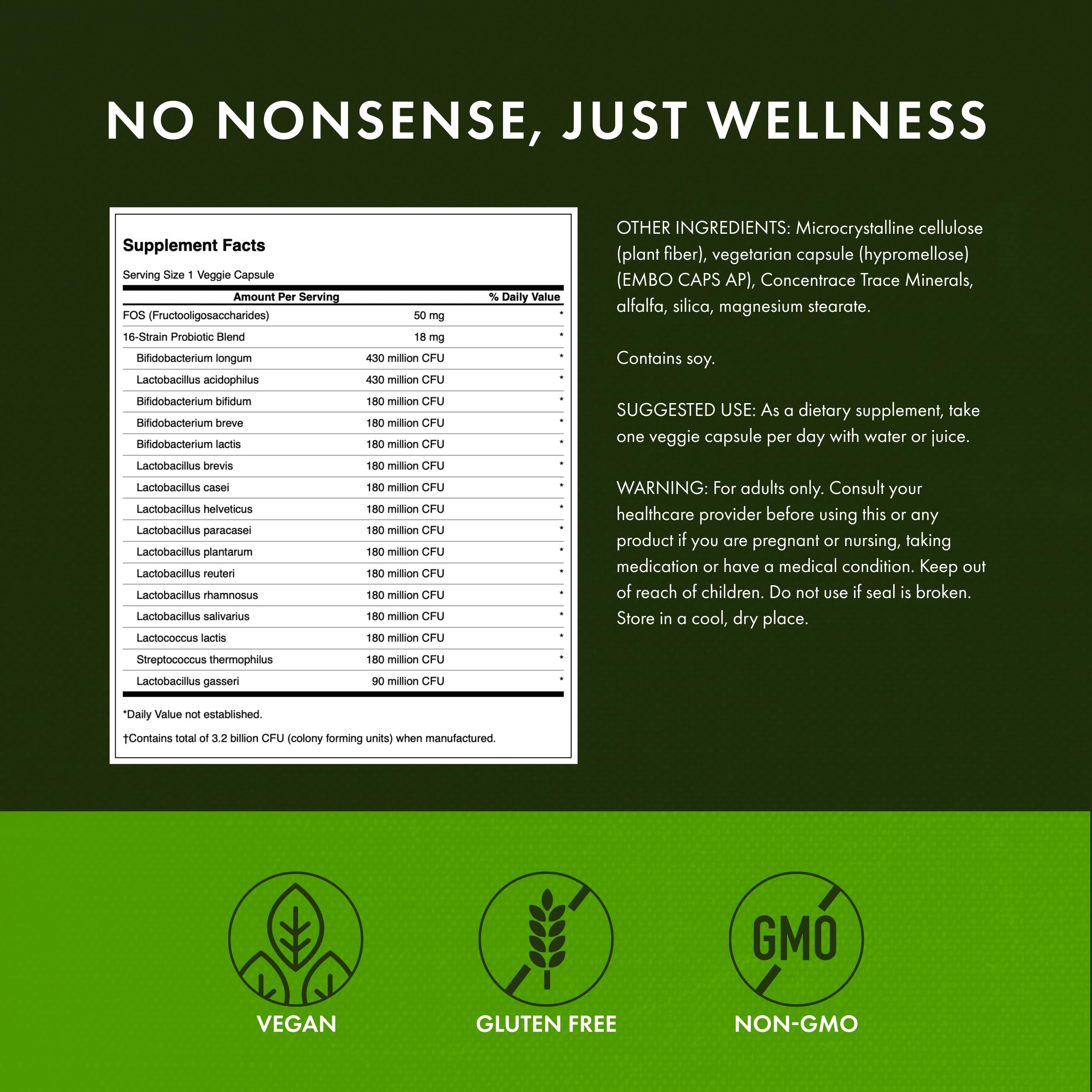 Swanson 16-Strain Probiotic label close-up with strains and FOS.