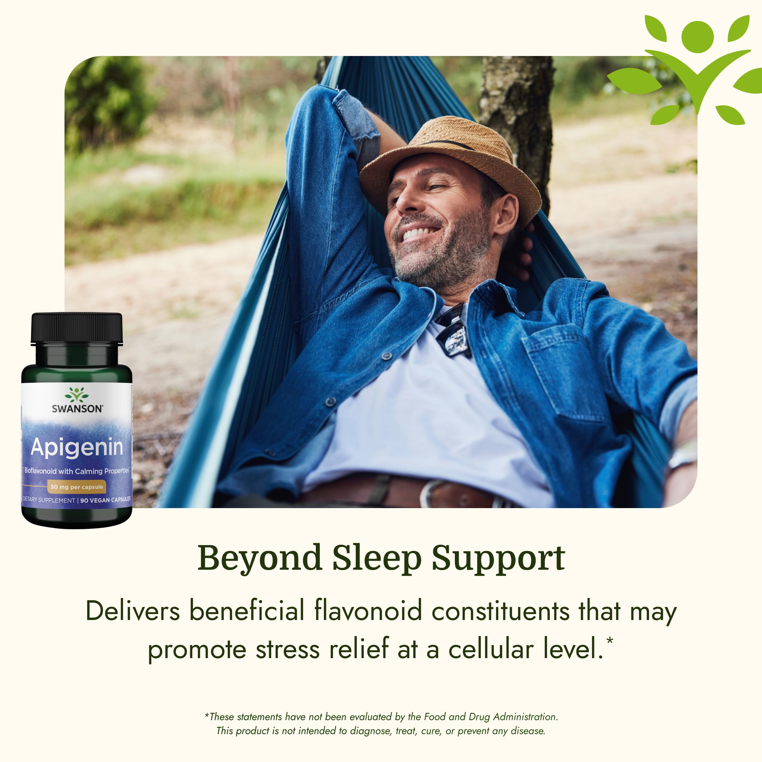 Swanson Apigenin bottle with soft lighting evokes calm relaxation moments.