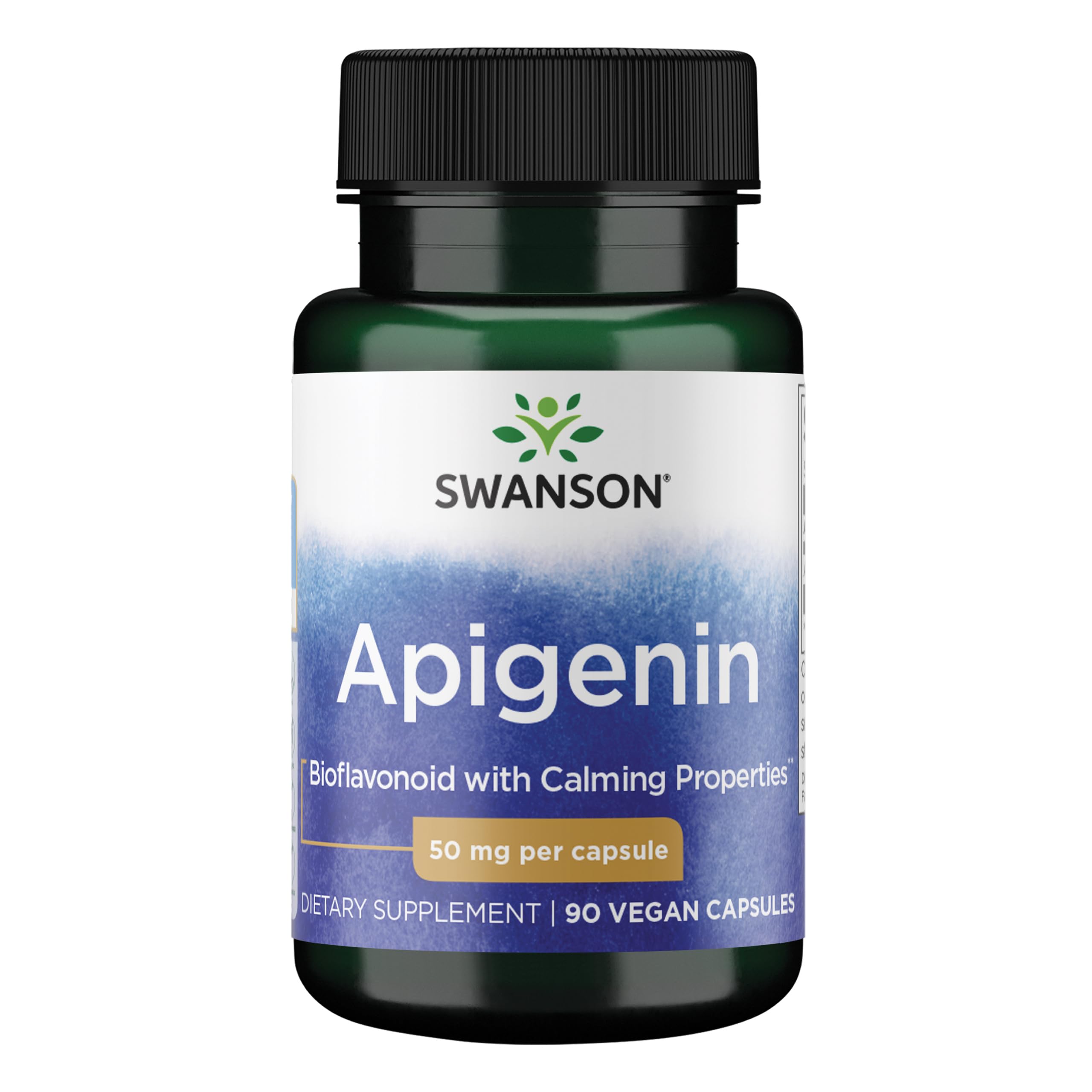 Swanson Apigenin bottle front view with vegan capsules for sleep support.