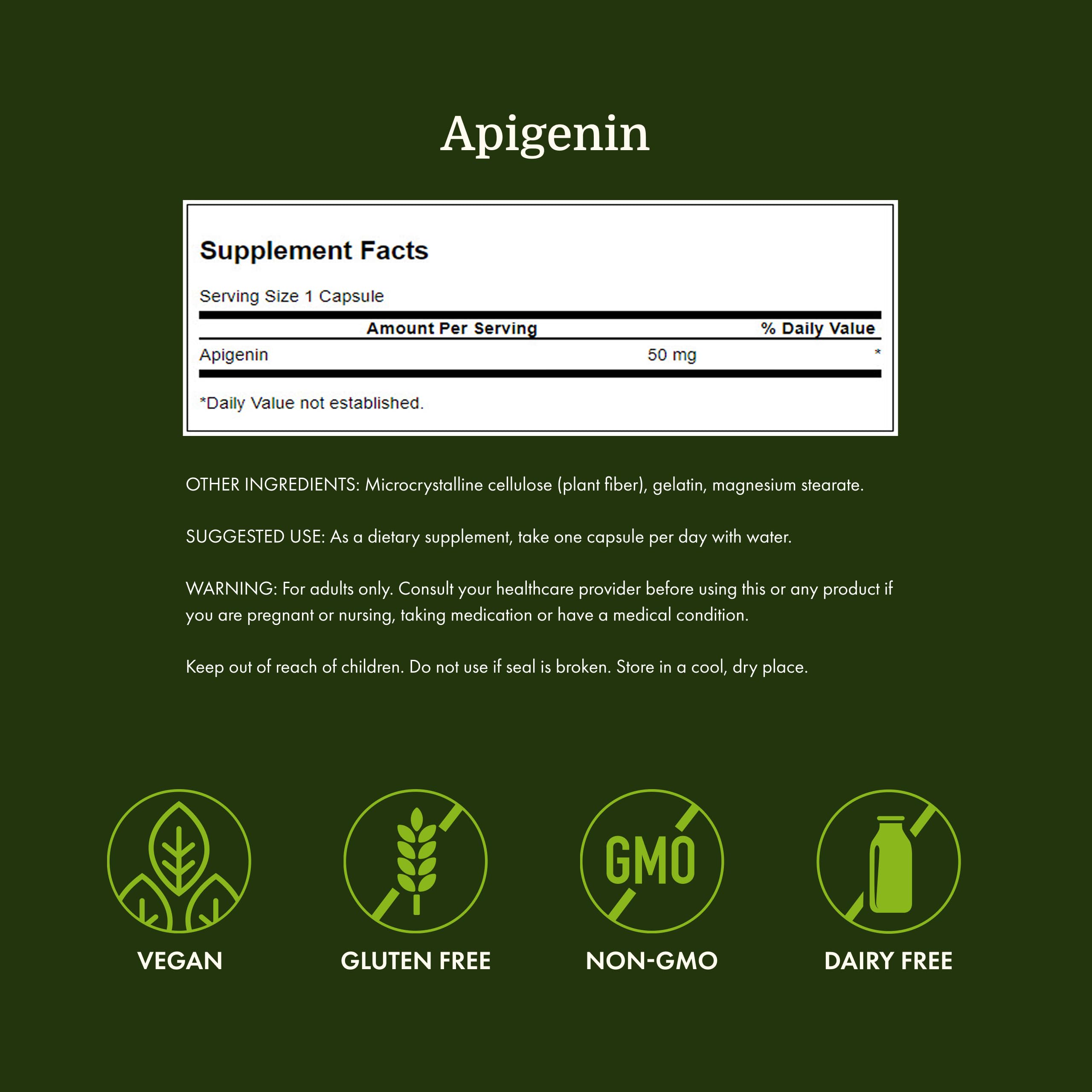 Swanson Apigenin capsules being poured conveys simple nightly dosing.