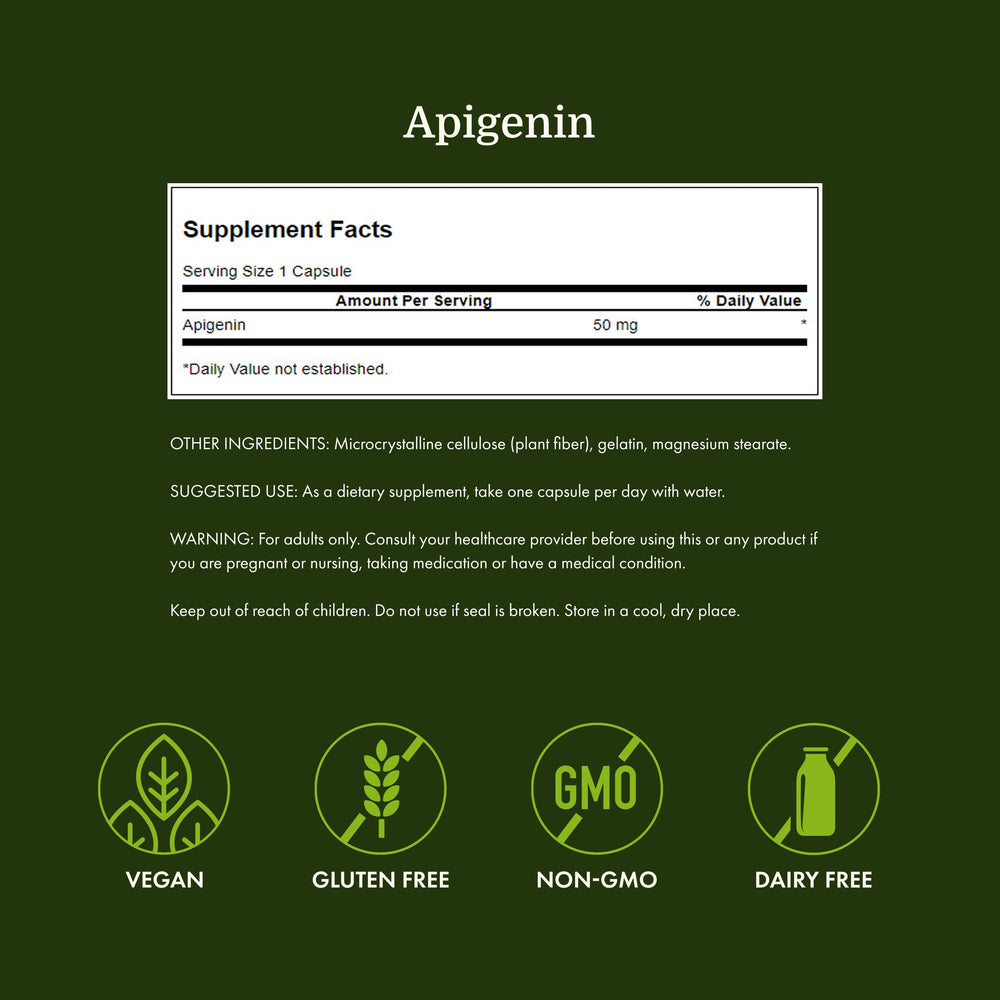 Swanson Apigenin capsules being poured conveys simple nightly dosing.