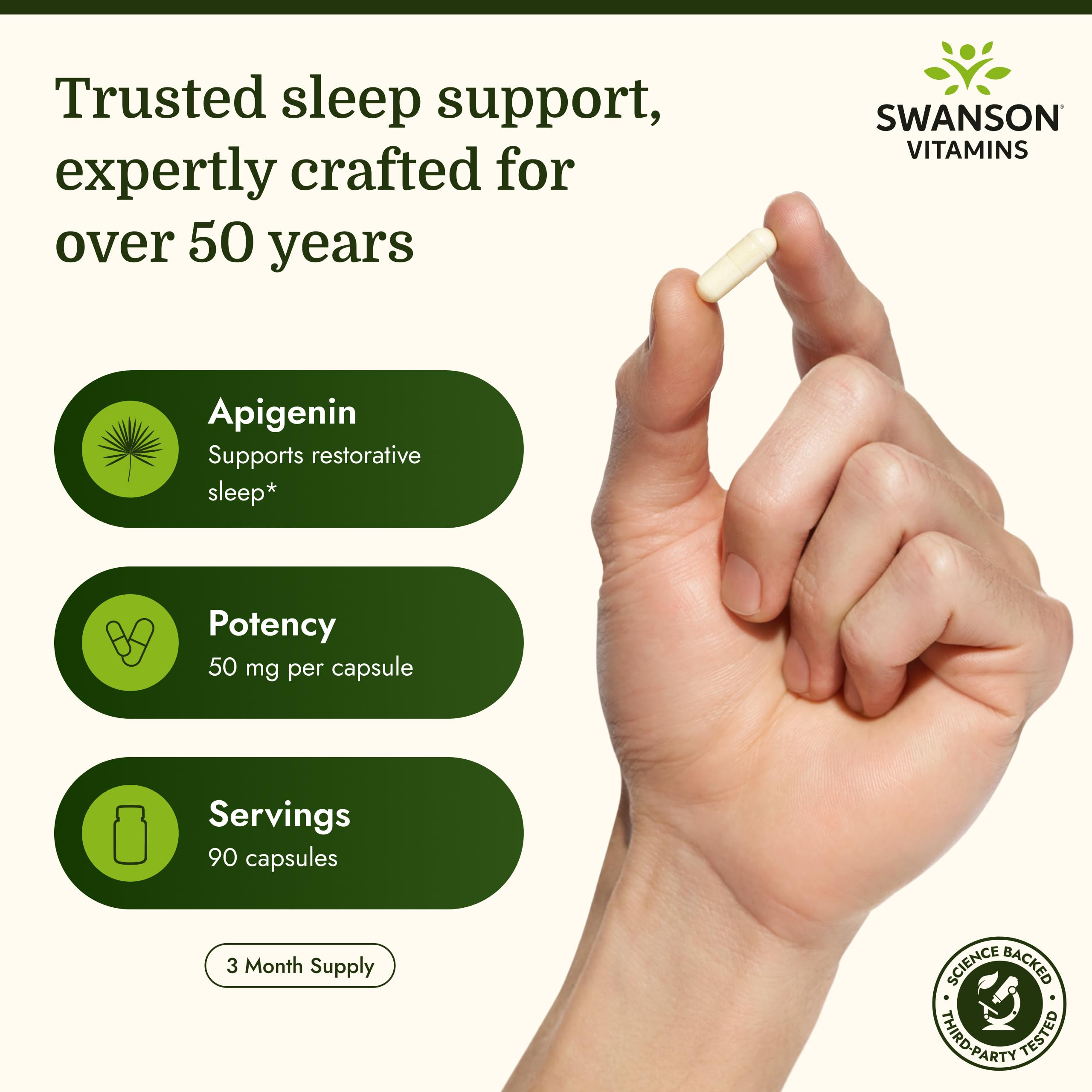 Swanson Apigenin vegan capsules on white background for easy daily use.