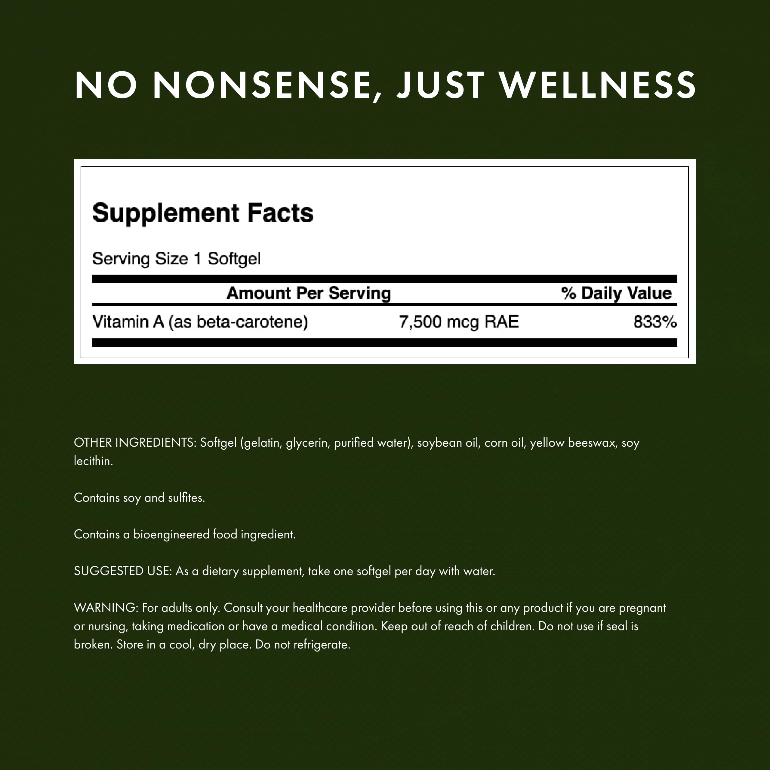 Bottle label shows 25,000 IU vitamin A per softgel.