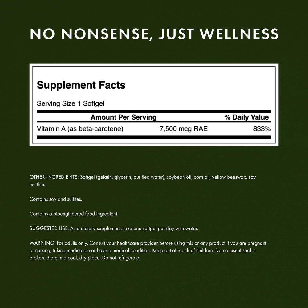 Bottle label shows 25,000 IU vitamin A per softgel.