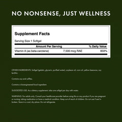 Bottle label shows 25,000 IU vitamin A per softgel.