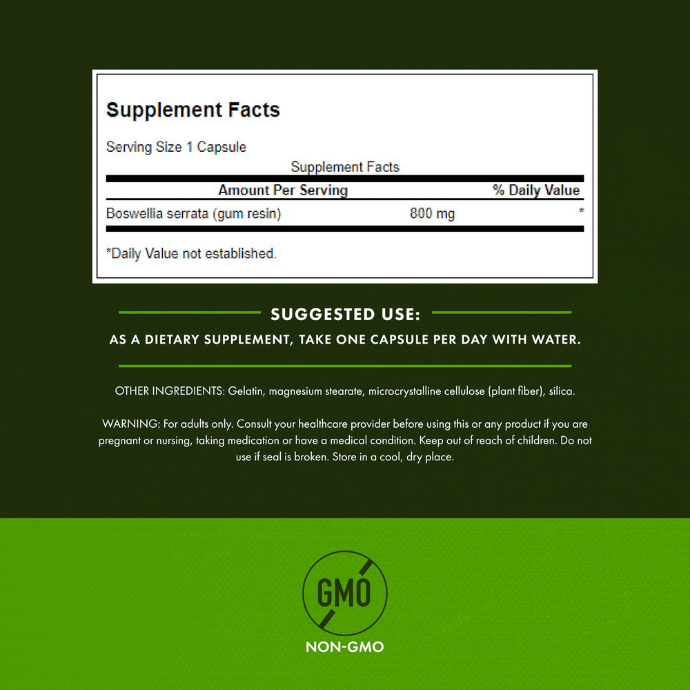 Swanson Boswellia Serrata capsules 800 mg for robust joint mobility.