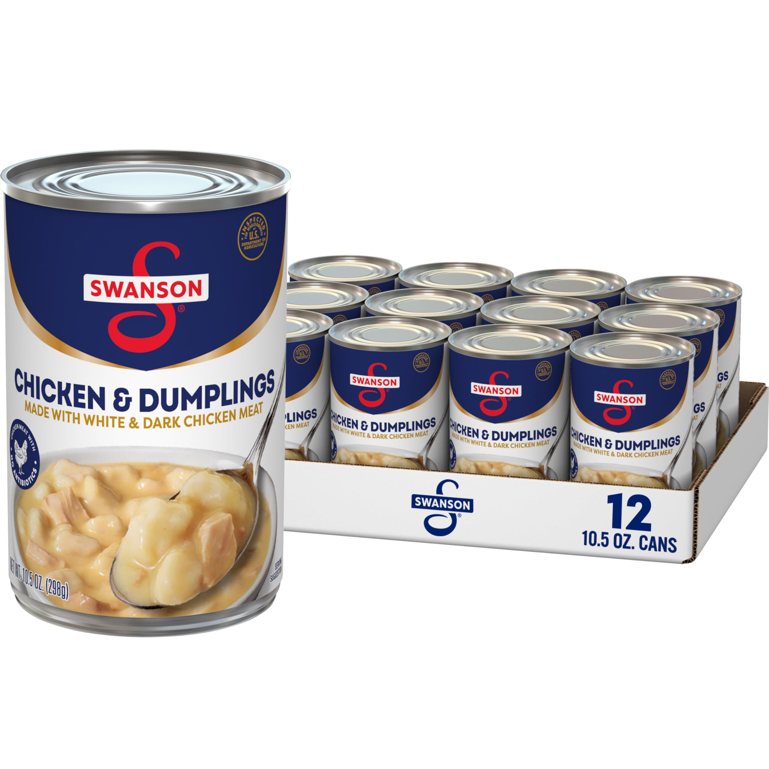 Swanson canned chicken and dumplings can front view, protein-packed convenience for quick meals