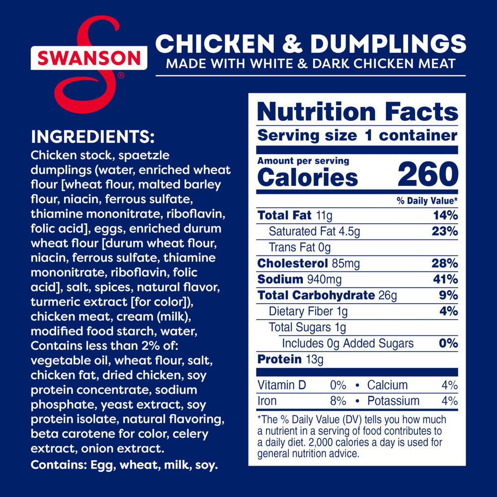 Swanson chicken and dumplings spaetzle dumplings close-up, comforting texture in a bowl