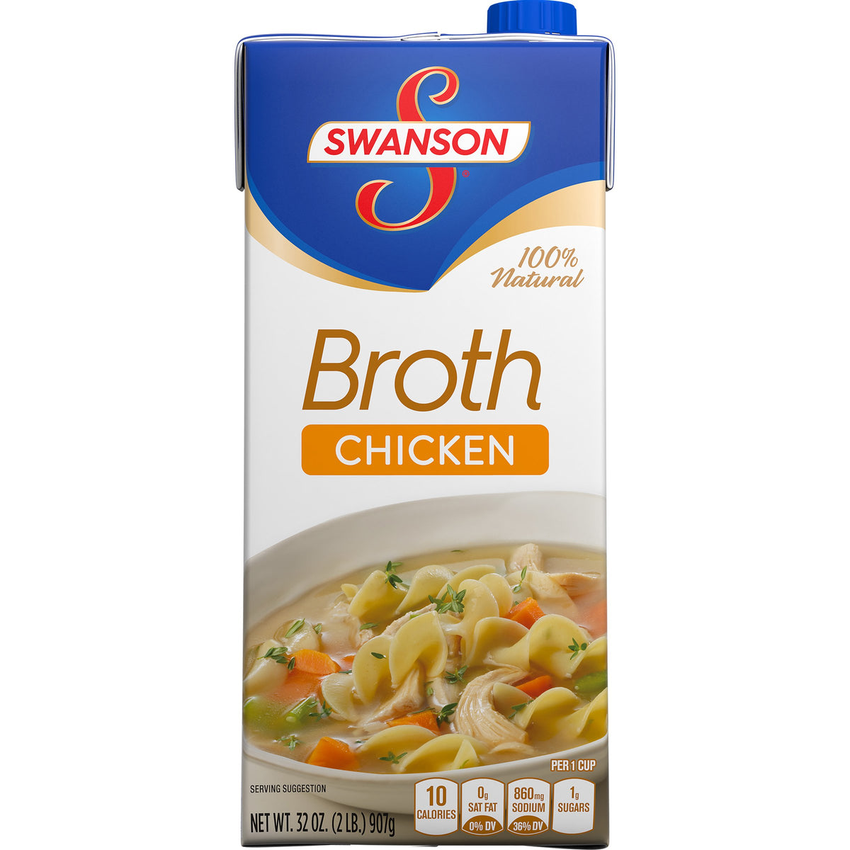 Swanson Chicken Broth six-pack cartons on shelf, convenient pantry staple.