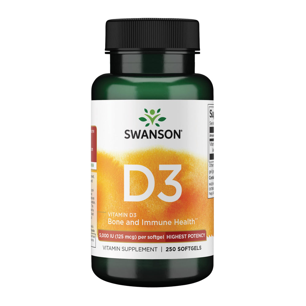Swanson D3 5000 IU softgels bottle for daily bone and immune support