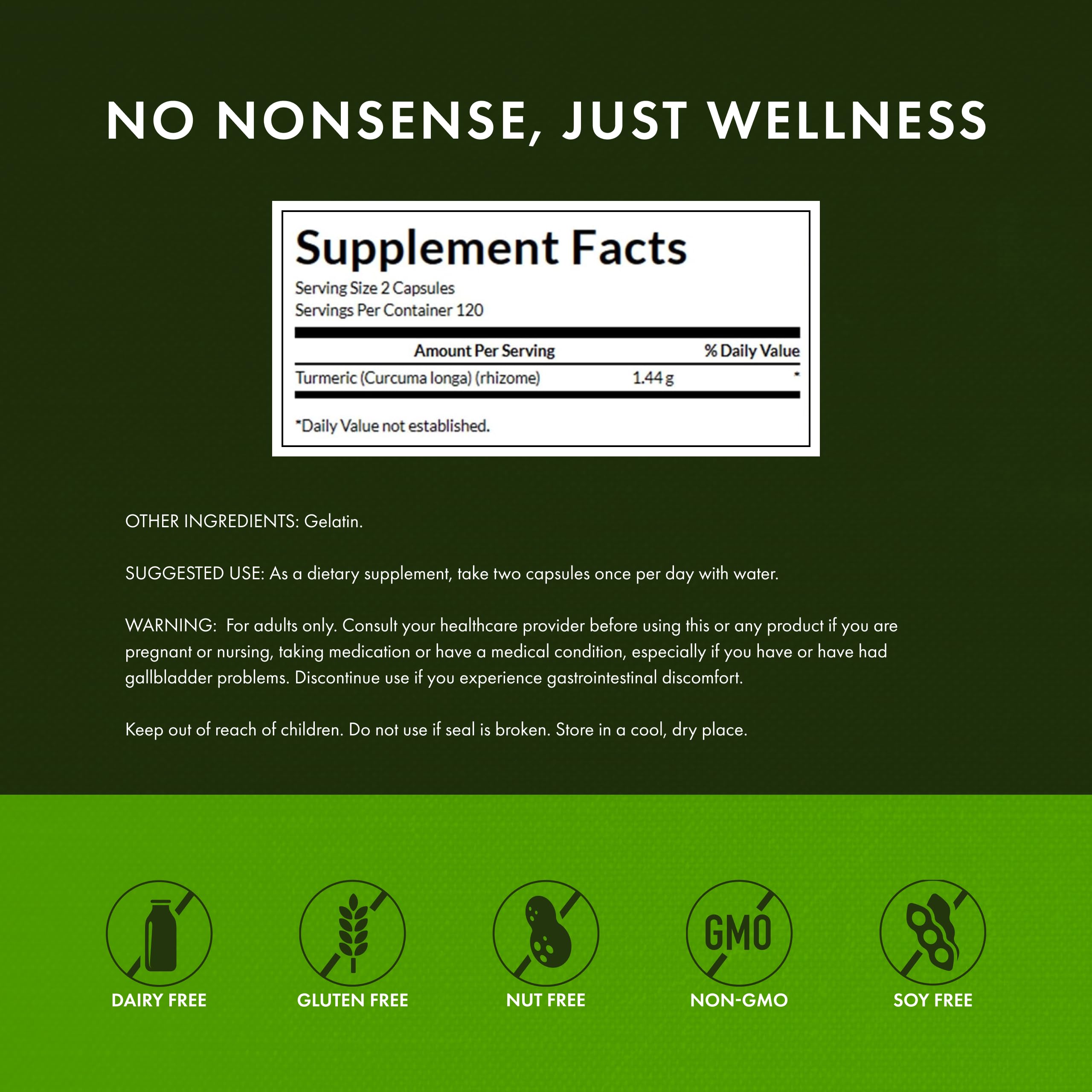 Swanson Full Spectrum Turmeric label highlights non-GMO and gluten-free status.