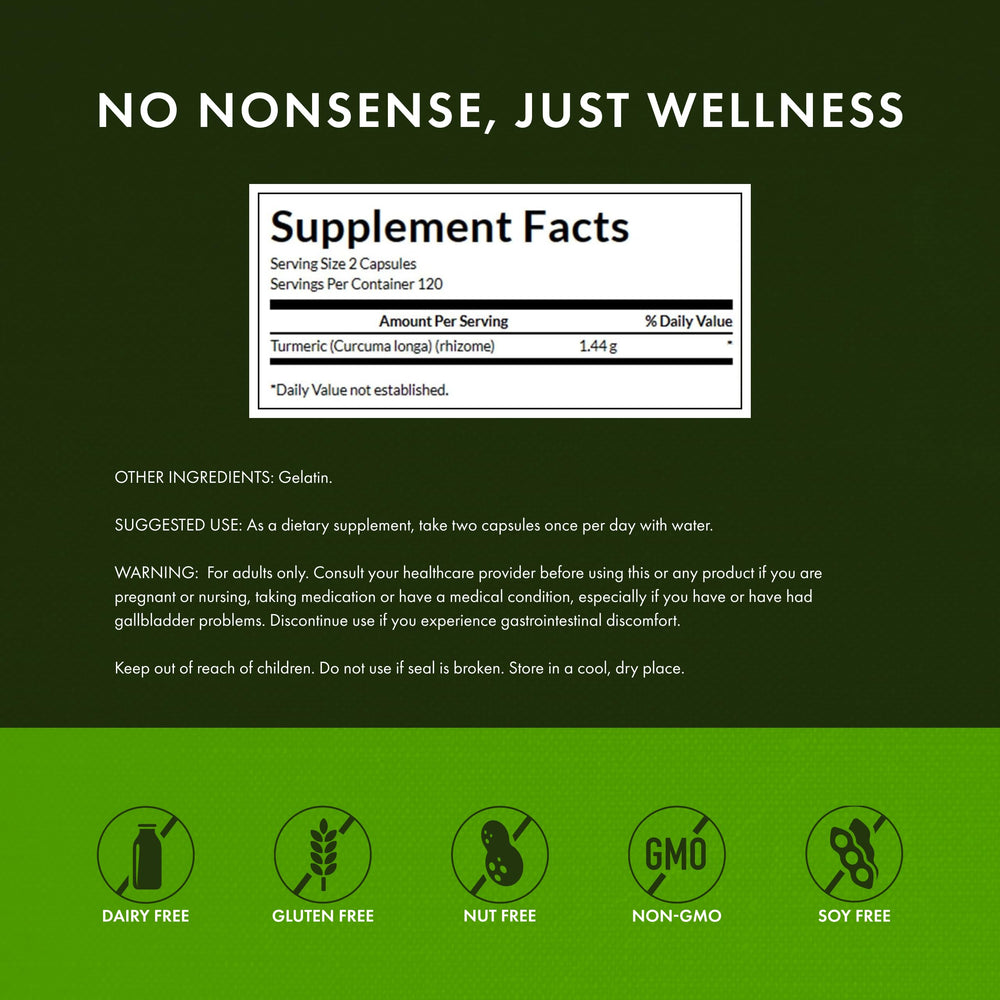 Swanson Full Spectrum Turmeric label highlights non-GMO and gluten-free status.