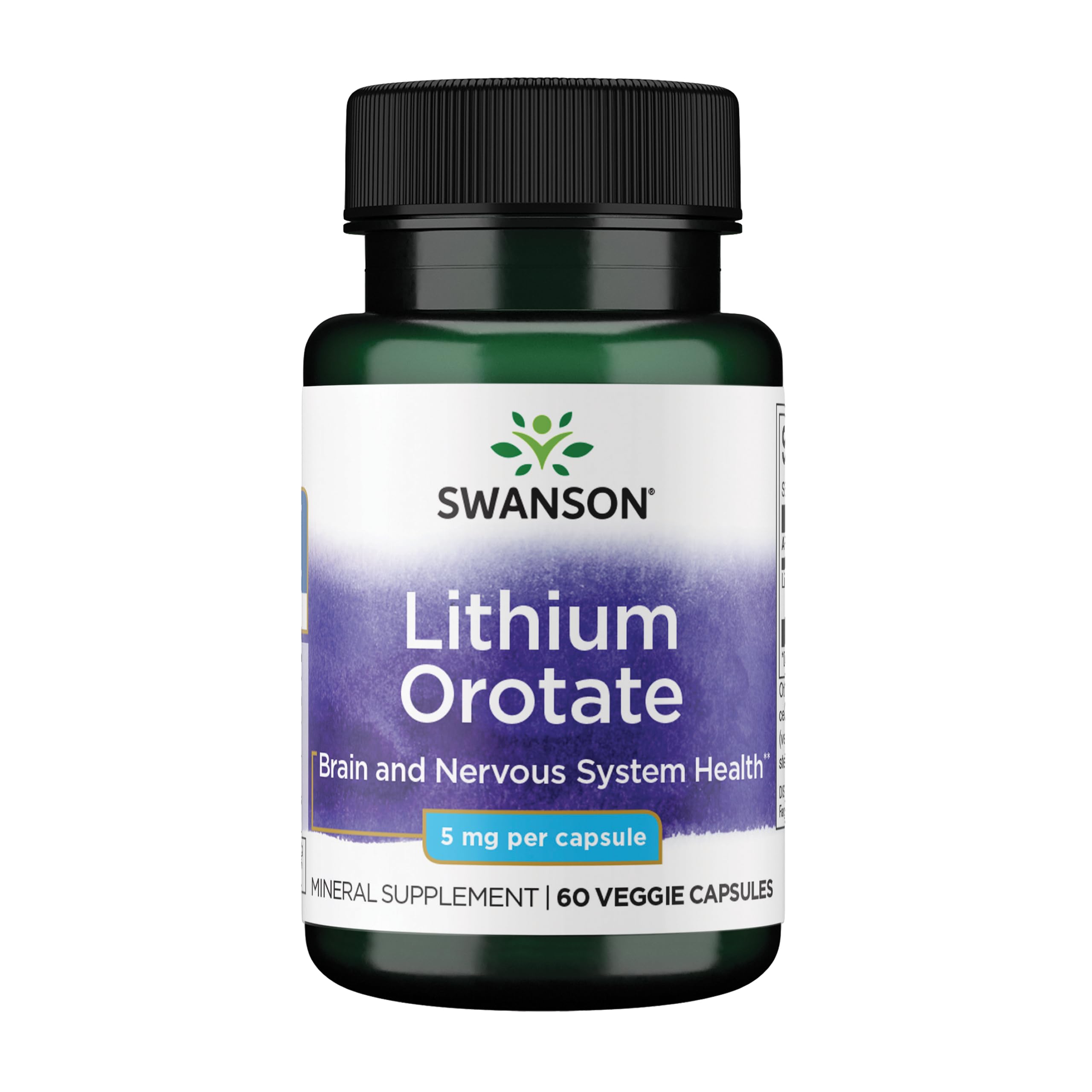 Swanson Lithium Orotate bottle closeup highlighting label for emotional wellness support.
