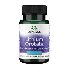 Swanson Lithium Orotate bottle closeup highlighting label for emotional wellness support.