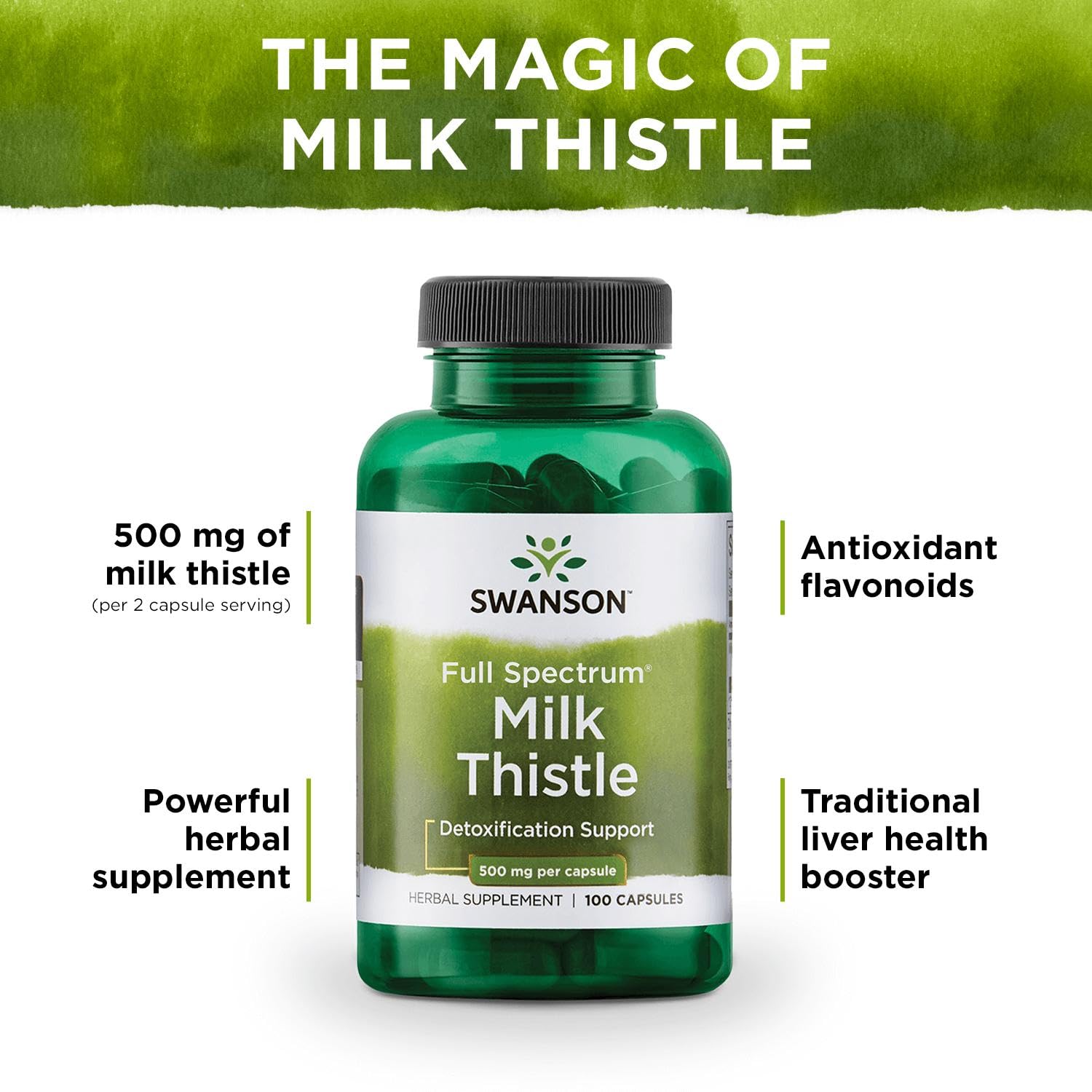 Swanson milk thistle capsules neatly displayed for easy daily dosing.
