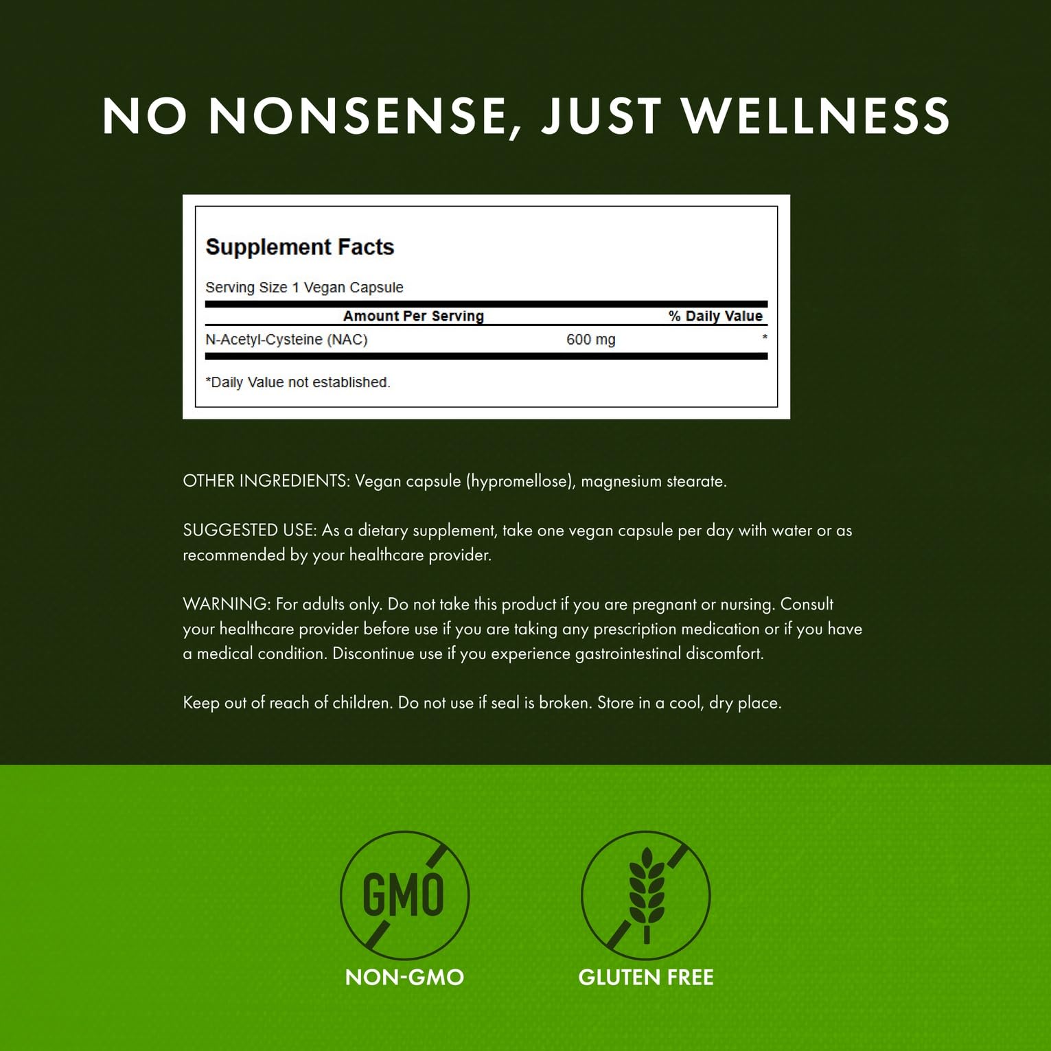 Swanson NAC bottle label close-up emphasizing dosage and quality testing.