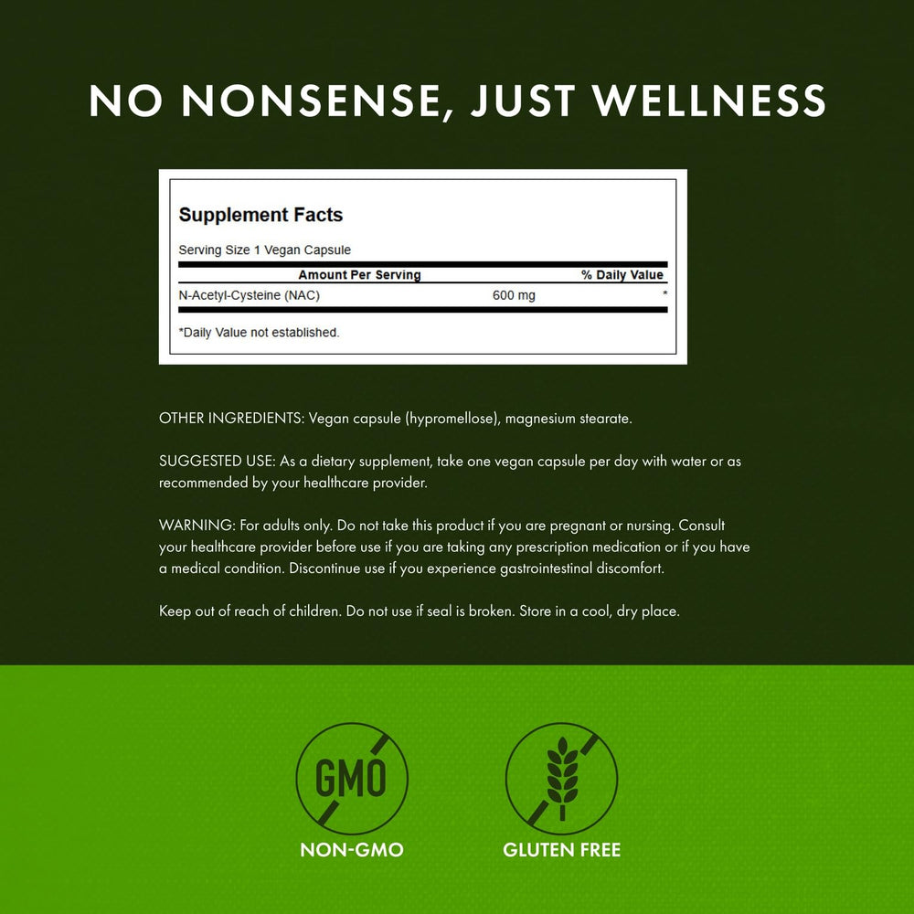 Swanson NAC bottle label close-up emphasizing dosage and quality testing.