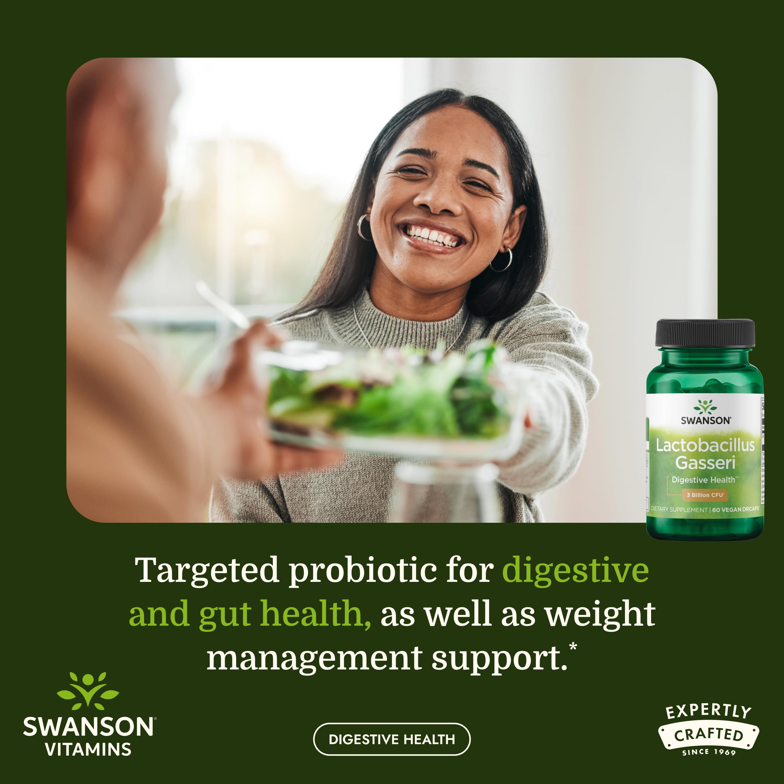 Close-up of Swanson probiotic capsules showing acid-resistant formulation.