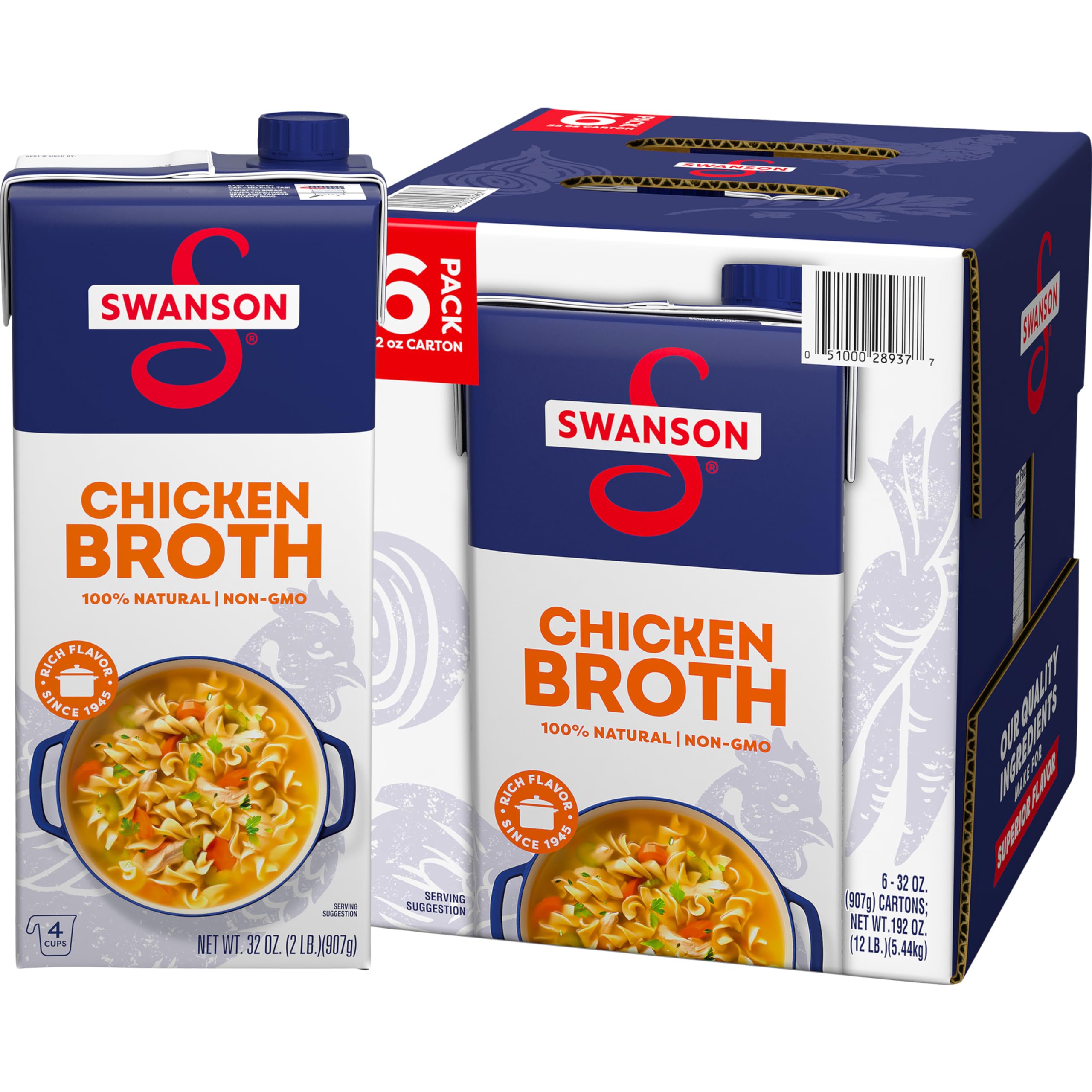Swanson S 100% Natural Chicken Broth carton six-pack ready for quick flavor boosts.