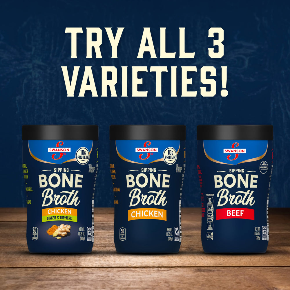 Swanson Sipping beef bone broth on store shelf offers quick warmth.