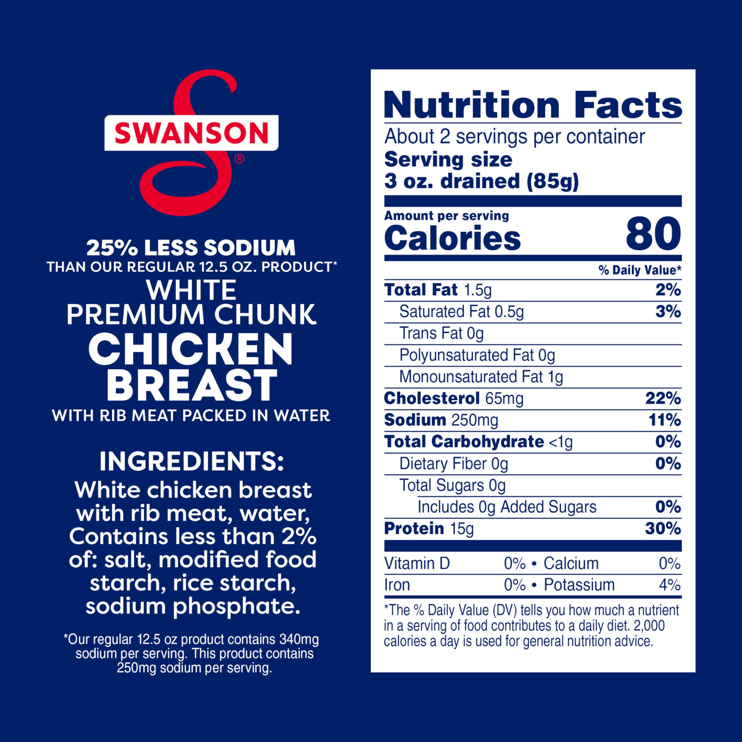 Swanson S ready-to-eat chicken chunks in water shown for easy protein.