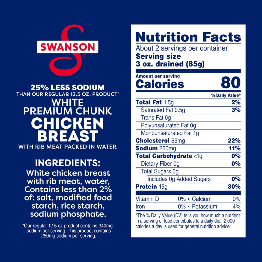 Swanson S ready-to-eat chicken chunks in water shown for easy protein.