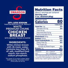 Swanson S ready-to-eat chicken chunks in water shown for easy protein.