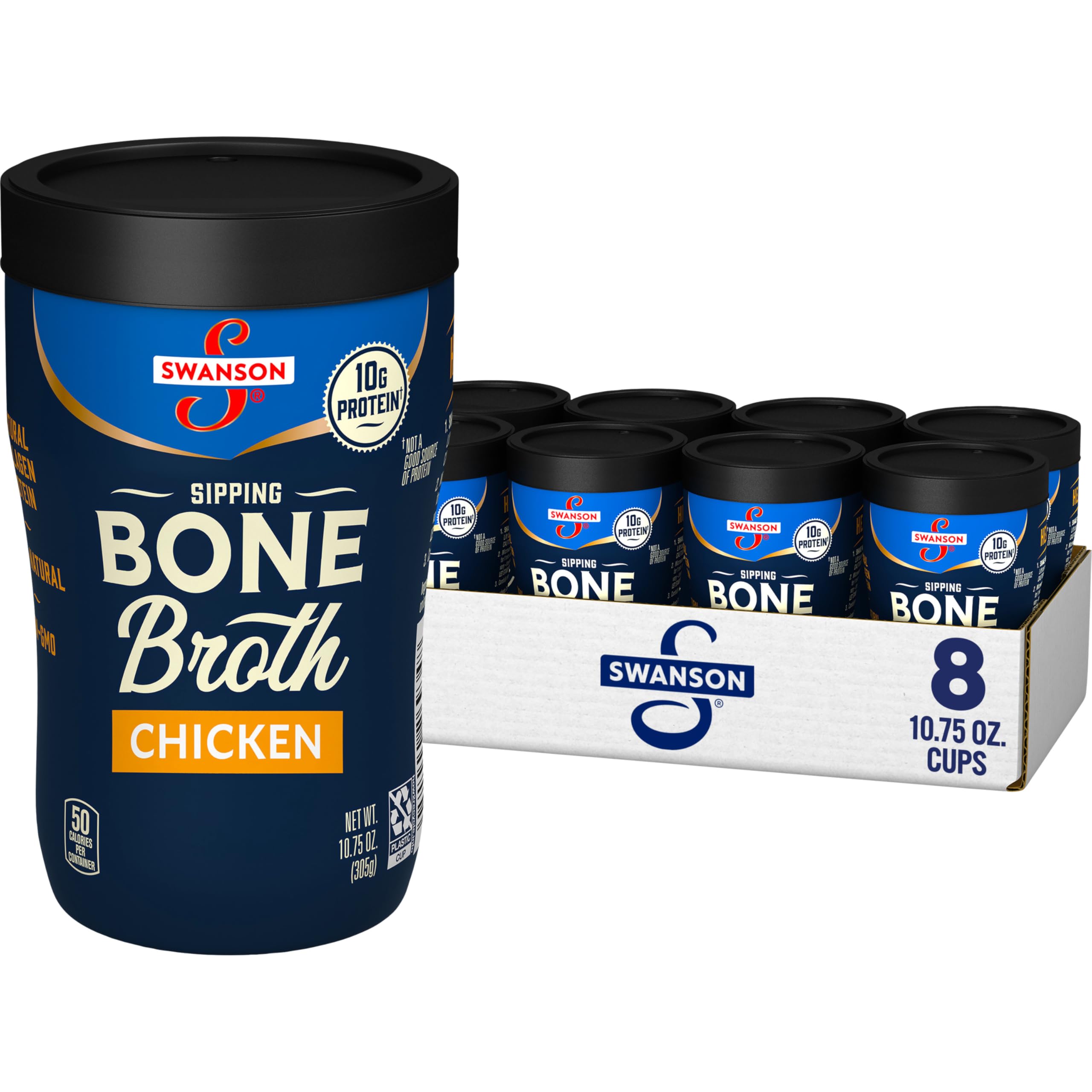 Swanson Sipping Chicken Bone Broth packaging and cups for on-the-go nutrition
