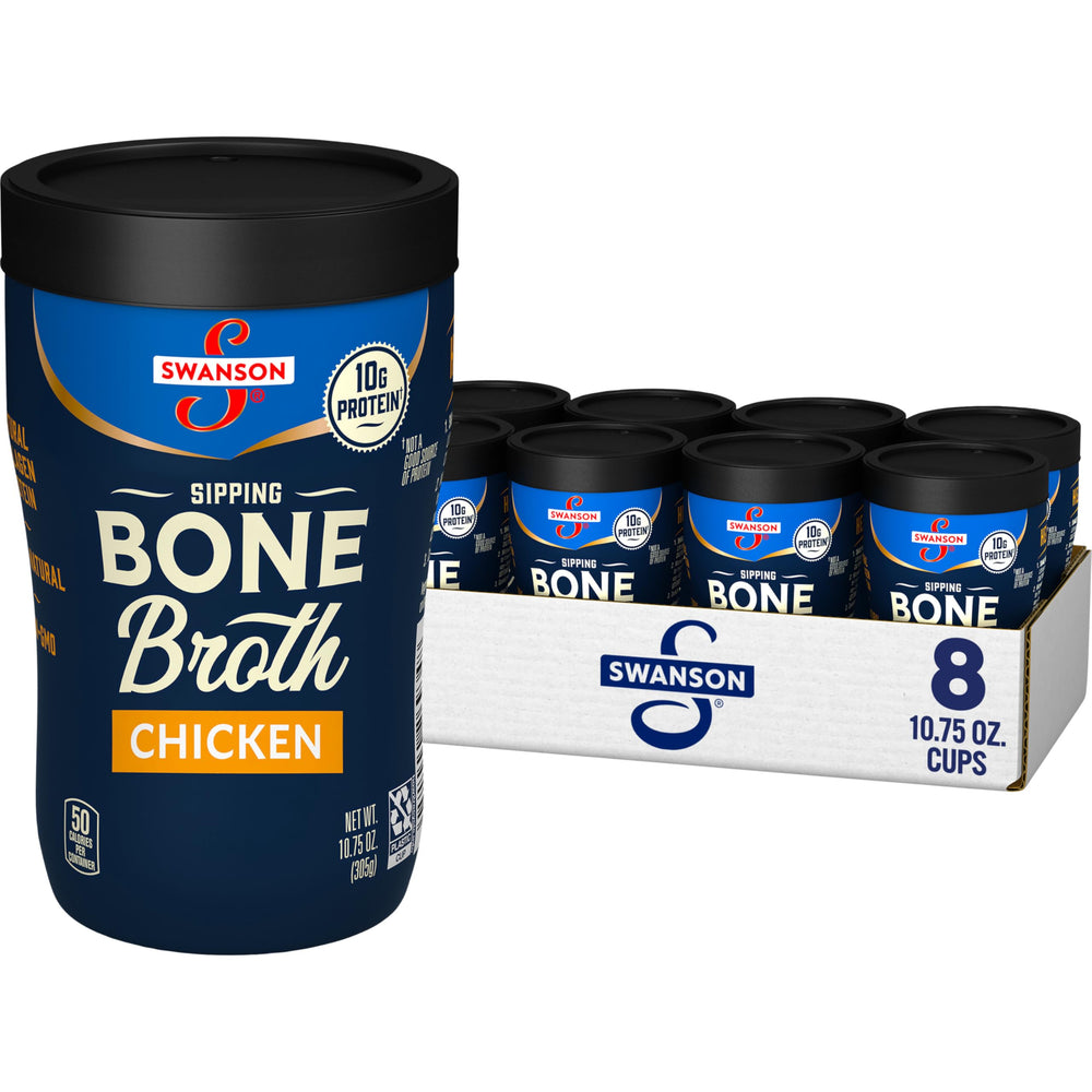 Swanson Sipping Chicken Bone Broth packaging and cups for on-the-go nutrition