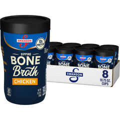Swanson Sipping Chicken Bone Broth packaging and cups for on-the-go nutrition