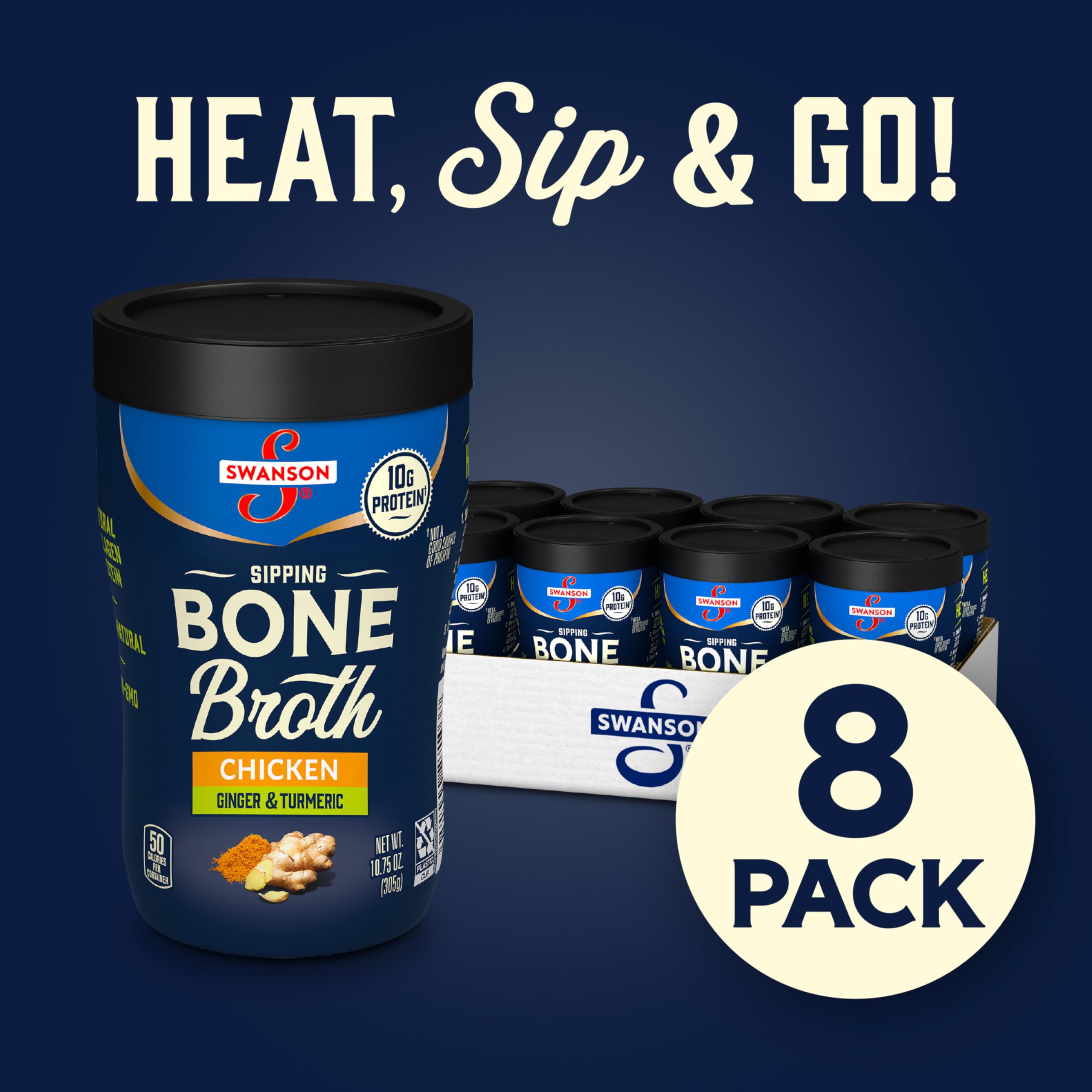 Swanson Sipping Chicken Bone Broth with 10 g of protein per cup.