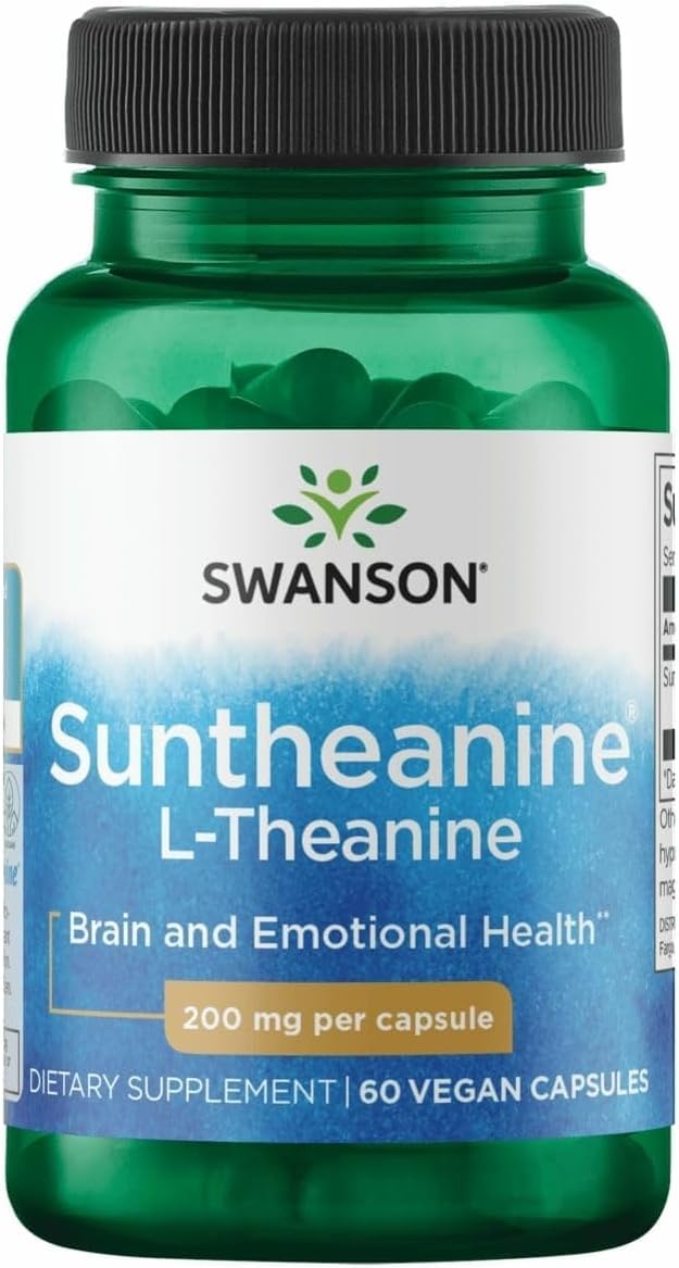 Swanson Suntheanine bottle with capsules promoting calm focus for demanding workdays.