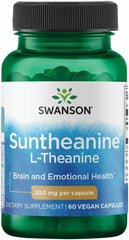 Swanson Suntheanine bottle with capsules promoting calm focus for demanding workdays.