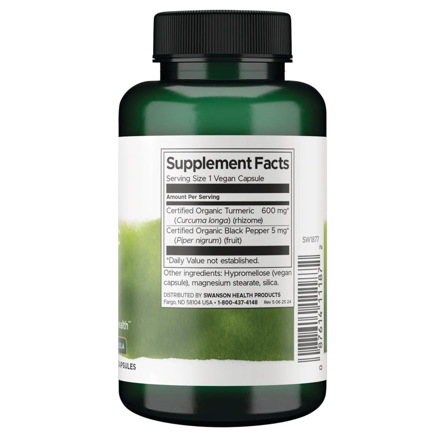 Swanson turmeric and black pepper bottle label close-up highlighting organic vegan non-GMO features.